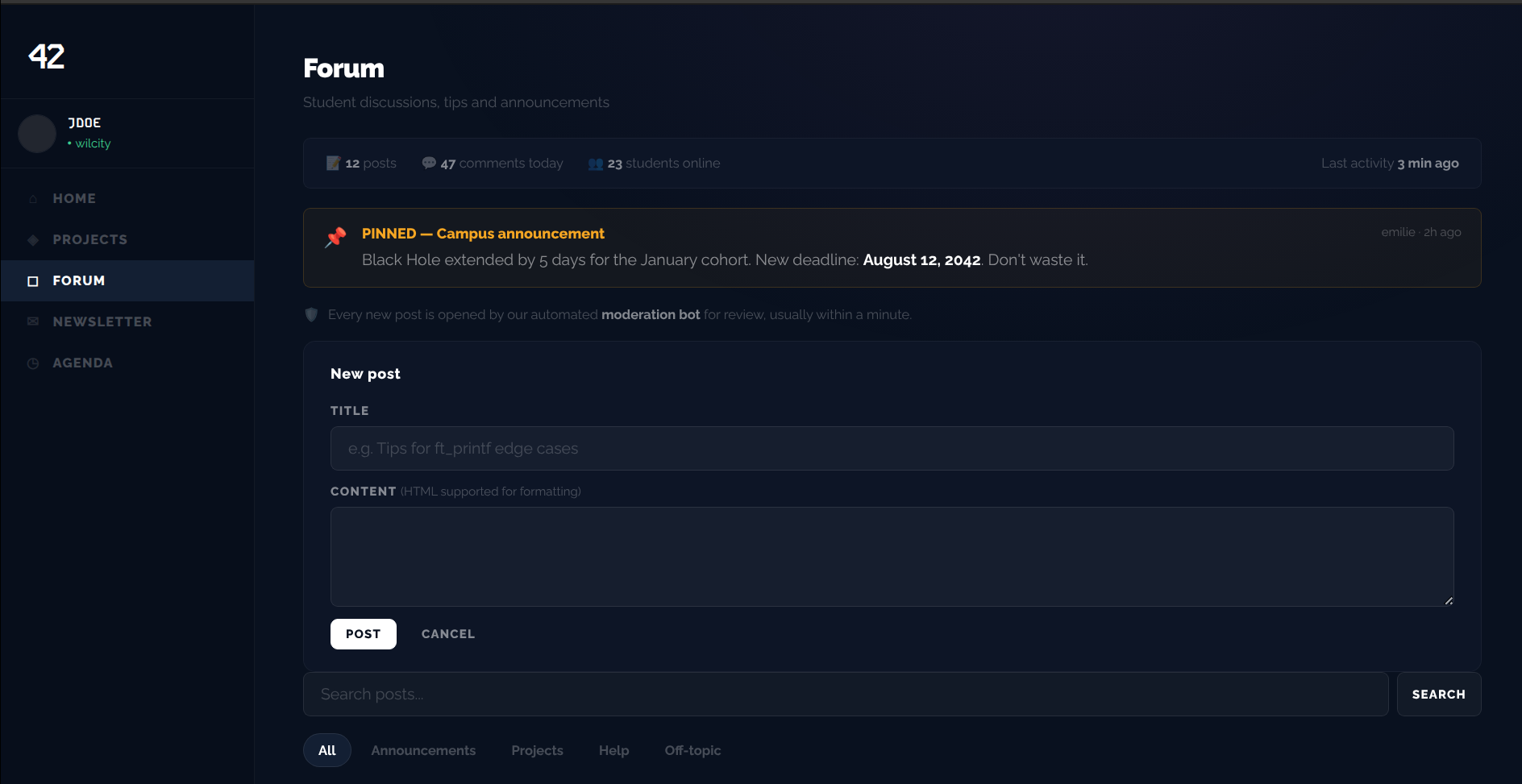 The forum's moderation-bot notice