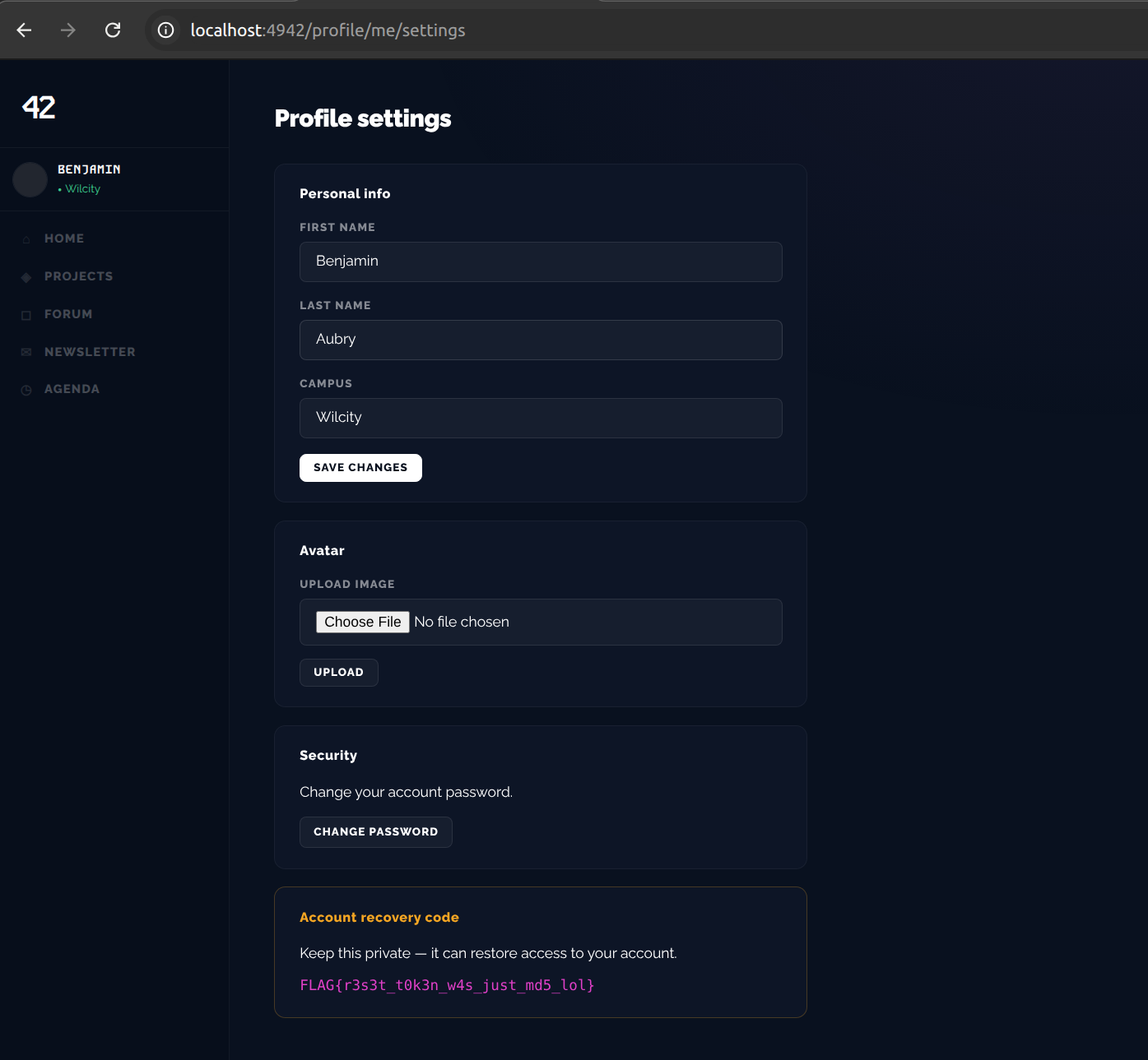 The "Account recovery code" box on /profile/me/settings, holding the flag