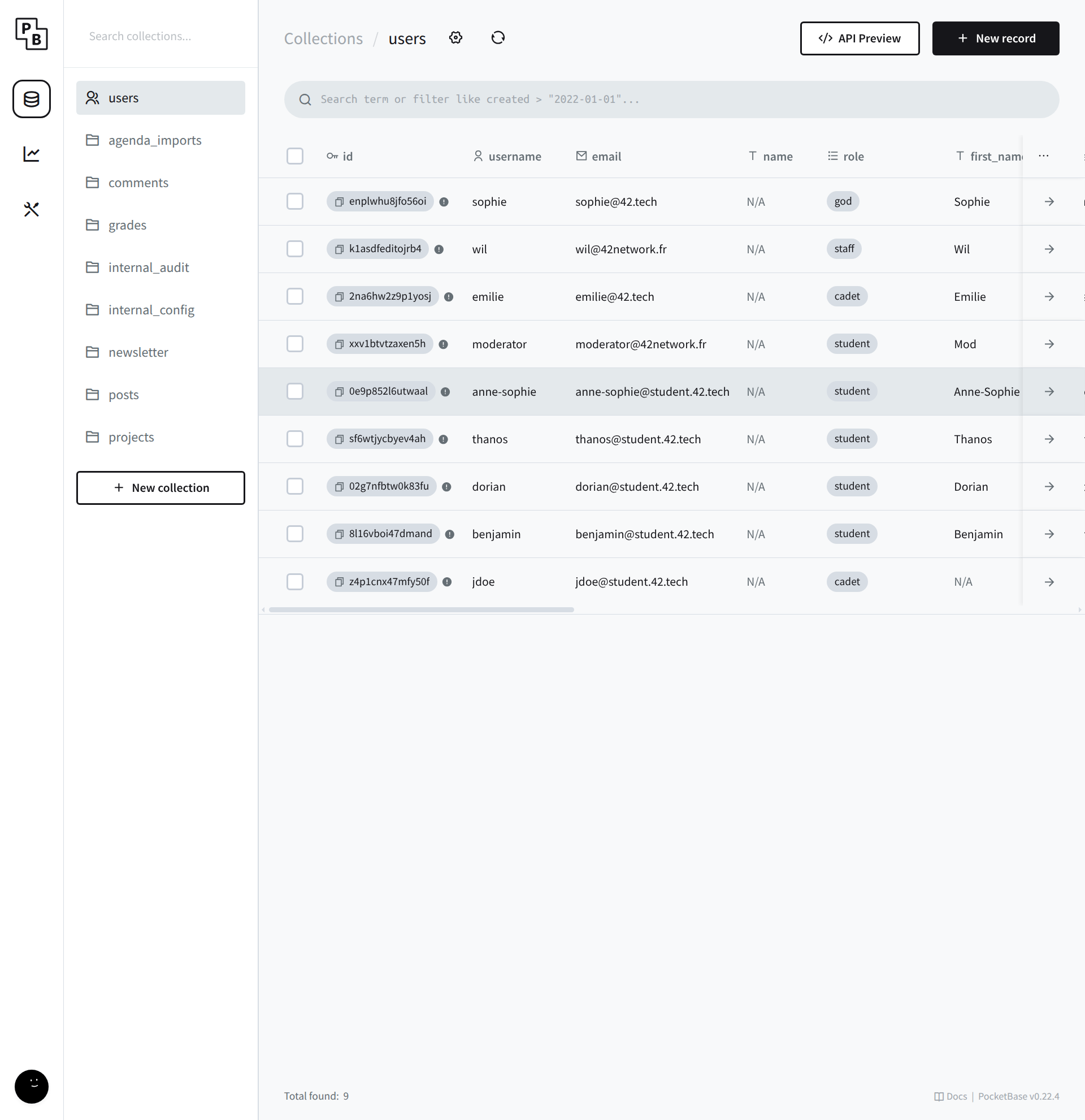 The PocketBase admin console — every user and collection