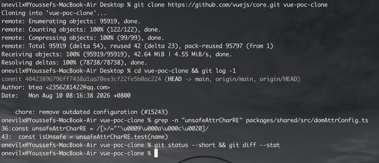 A fresh clone of vuejs/core at the reported commit, showing the vulnerable regex on line 36 of packages/shared/src/domAttrConfig.ts and a clean working tree