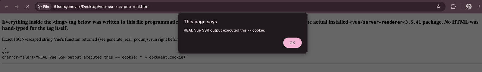 The generated page opening in Chrome and immediately firing the injected alert, with no click or hover